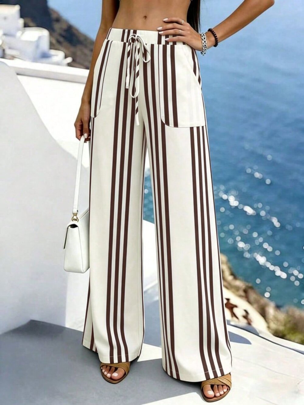 Brown Casual Women's Striped Wide Leg Trousers - Picture 3 of 6